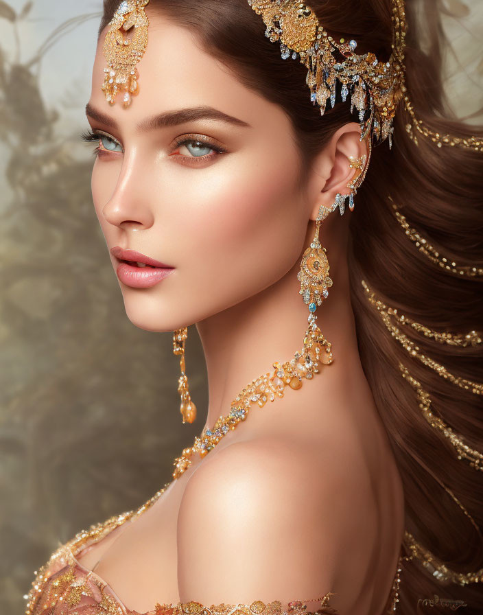 Elegant woman in gold jewelry and intricate dress detailing