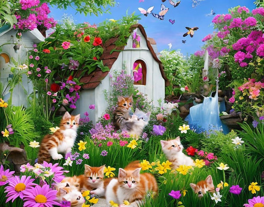 Vibrant garden scene with whimsical house, flowers, waterfall, butterflies, and kittens