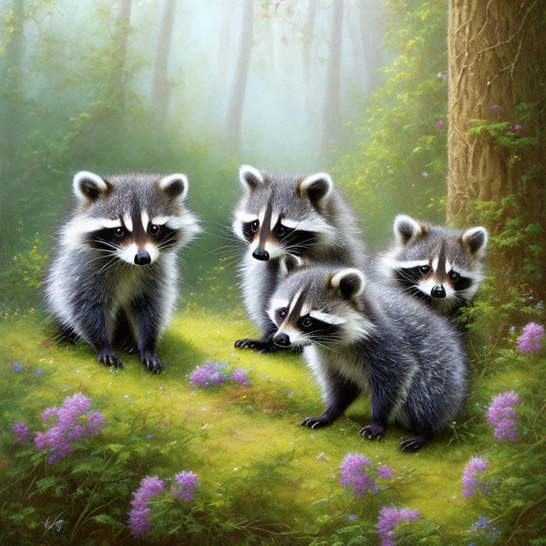 Four raccoons in sunlit forest with purple flowers - Nature Scene