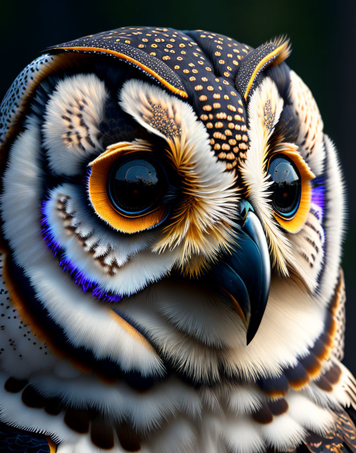 Colorful owl with intricate feather patterns and captivating orange eyes