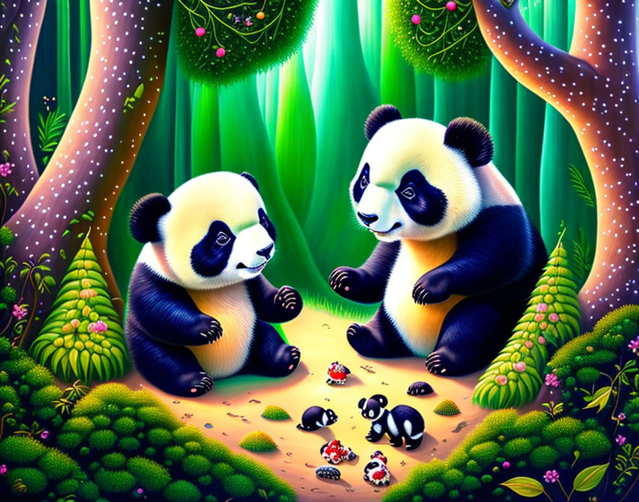 Cartoon pandas in vibrant forest with insects and lush greenery