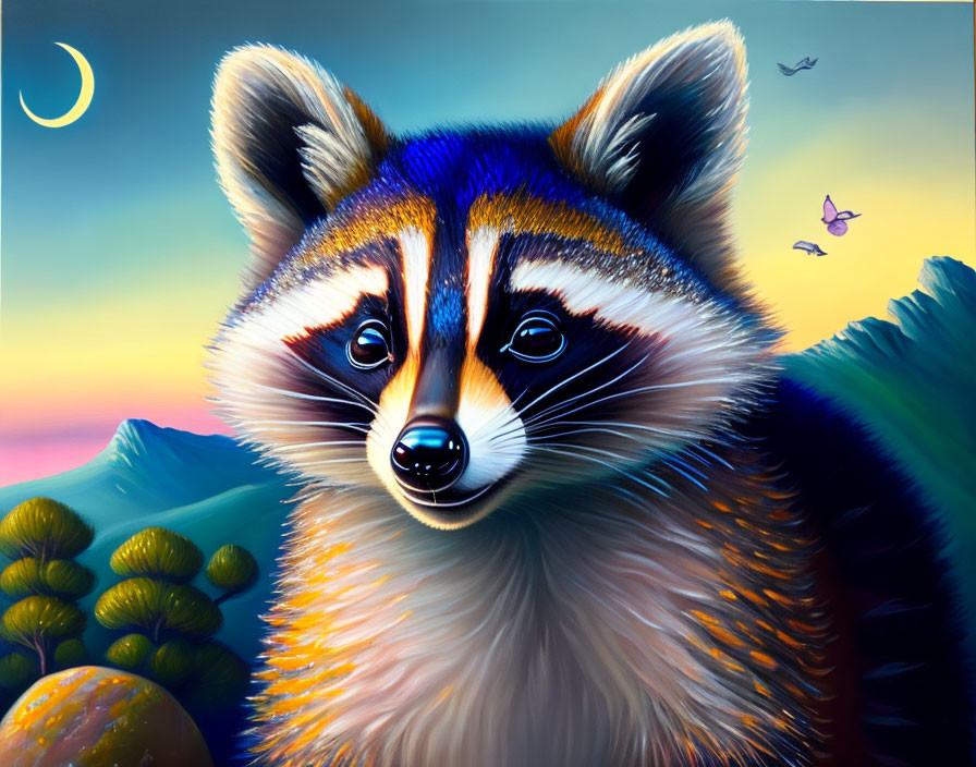 Colorful digital painting: raccoon, sunset backdrop, hills, crescent moon, butterfly