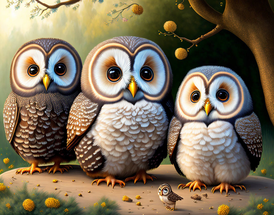 Four Owls in Sunlit Forest Setting