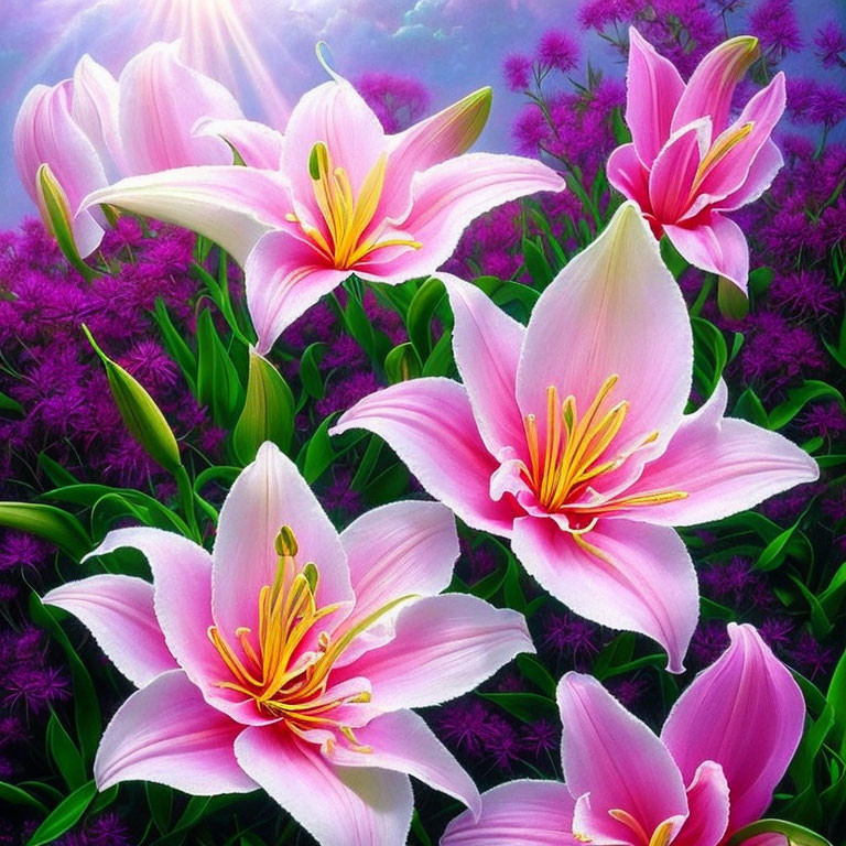 Detailed pink lilies in lush purple garden under soft light