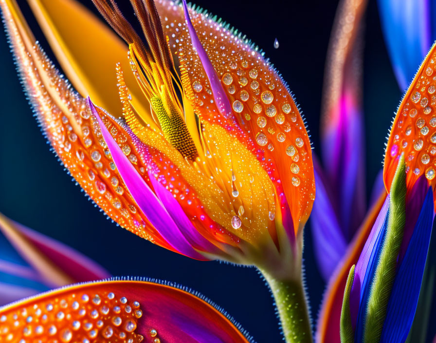 Colorful Bird-of-Paradise Flower with Water Droplets on Dark Background