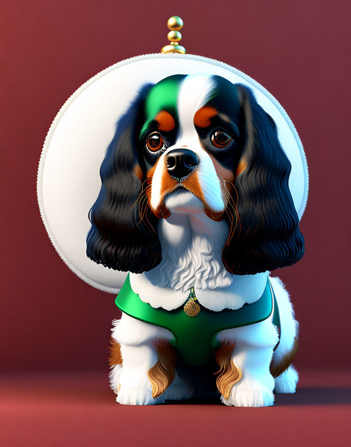 Stylized Cavalier King Charles Spaniel in Elizabethan collar and green outfit