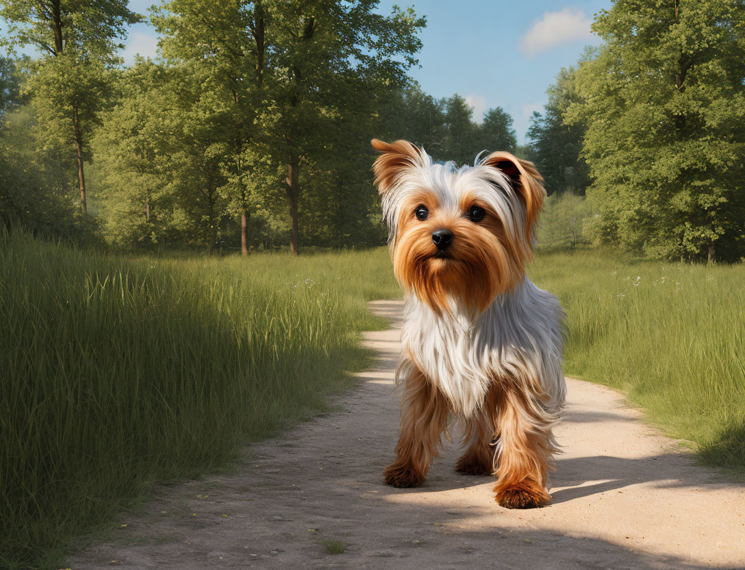 Yorkshire Terrier on Dirt Path Surrounded by Green Grass and Forest