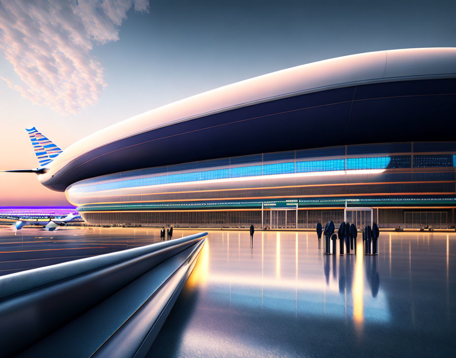 Modern airport terminal design with glowing lights and passengers silhouettes at twilight