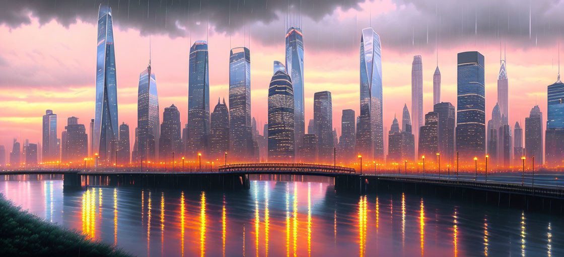 Futuristic city skyline at twilight with illuminated skyscrapers and a purple sky reflecting in calm water