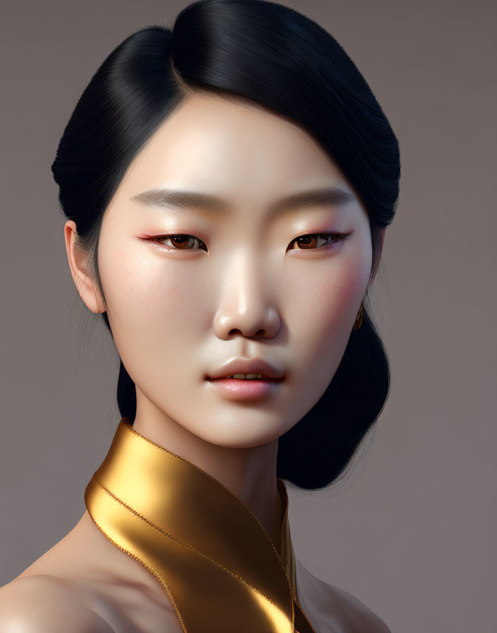 Asian woman digital portrait with elegant hairstyle and golden garment