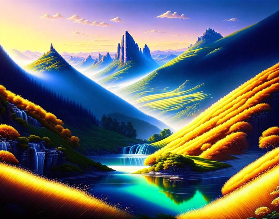 Fantastical landscape with blue waterfalls, orange fields, and green mountains