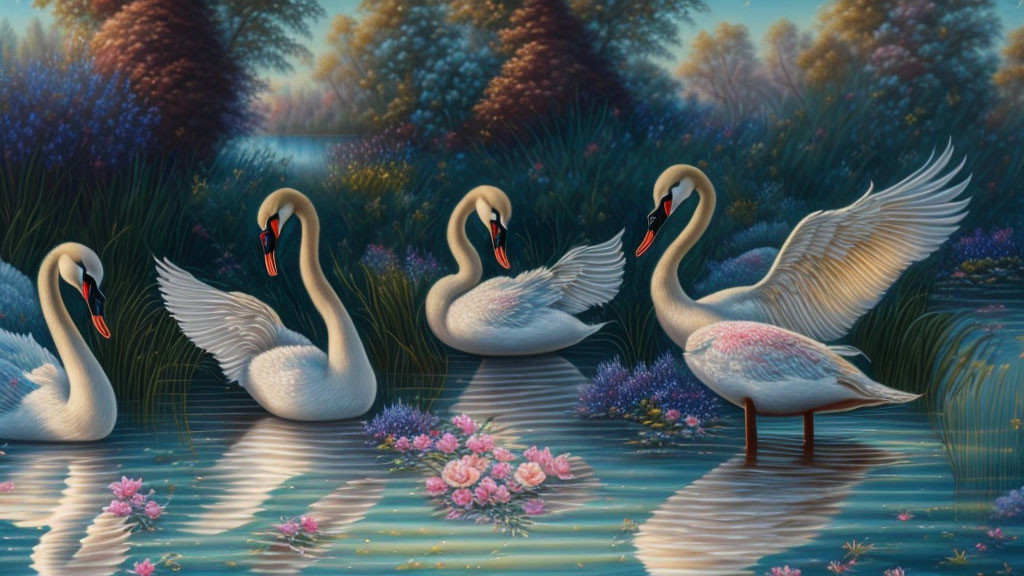 Tranquil scene: Five swans on serene lake at dusk or dawn