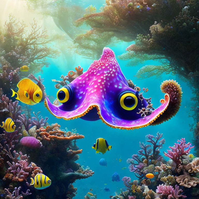 Colorful Underwater Scene with Oversized Purple Octopus & Tropical Fish