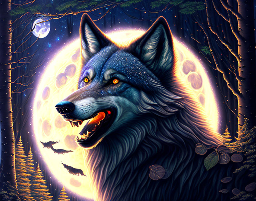 Detailed wolf illustration in fantasy moonlit forest landscape