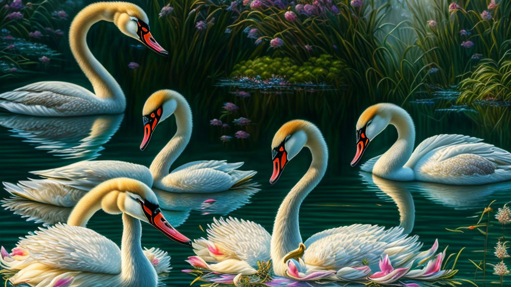 Graceful white swans with red beaks on tranquil water surrounded by lush greenery.