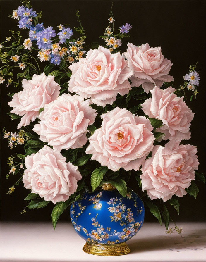 Pink Roses and Blue Wildflowers in Blue and Gold Vase on Dark Background