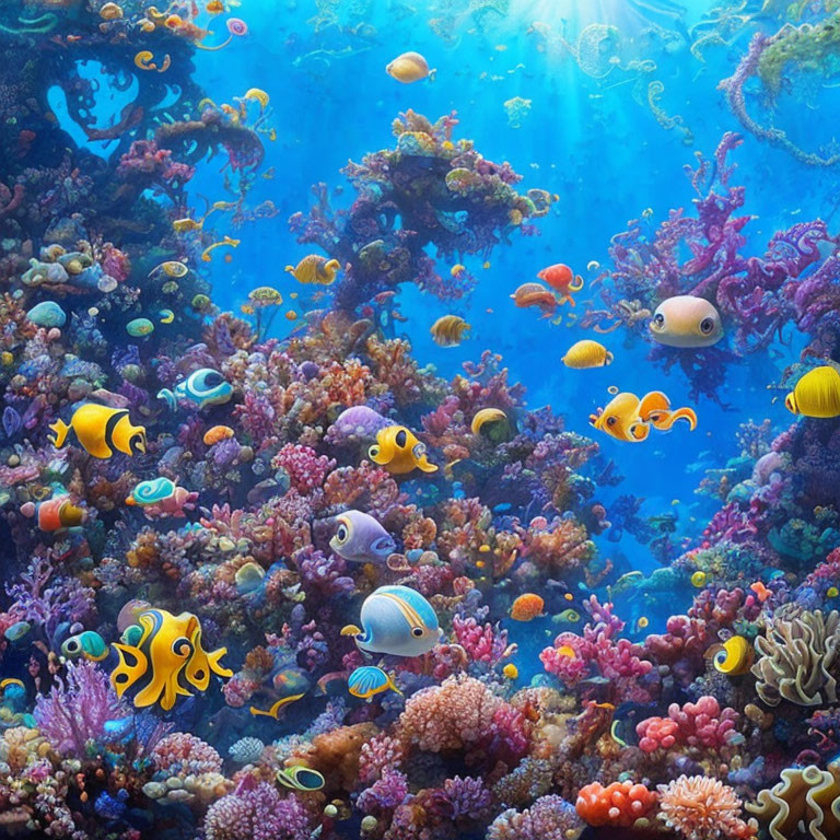 Vibrant Tropical Fish and Coral Reef in Colorful Underwater Scene