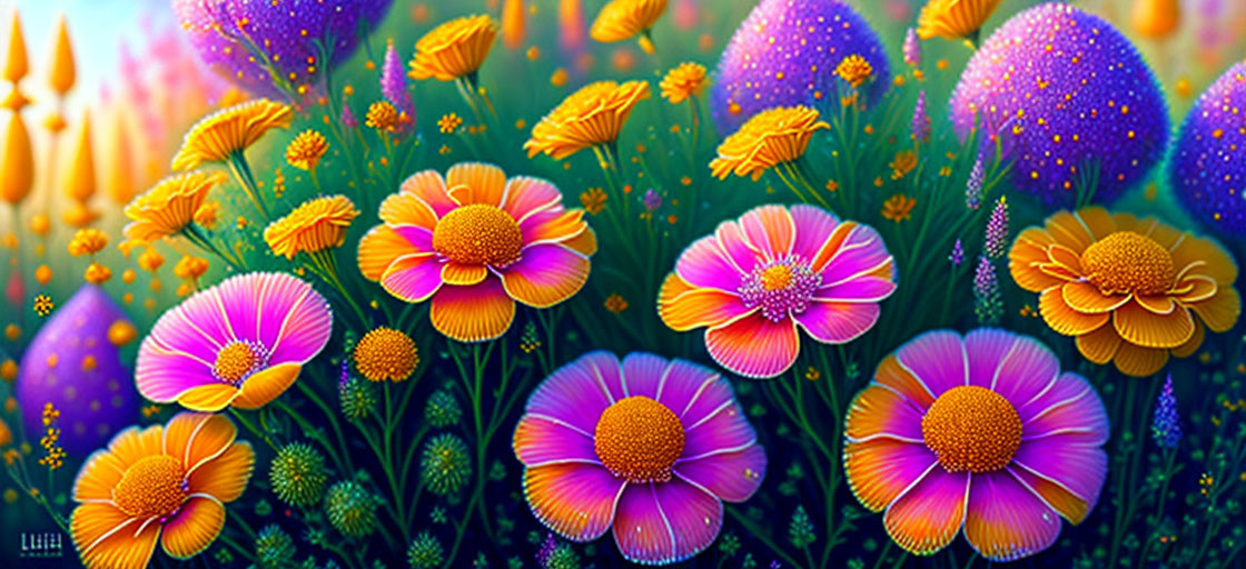 Colorful Fantasy Meadow with Purple and Orange Flowers