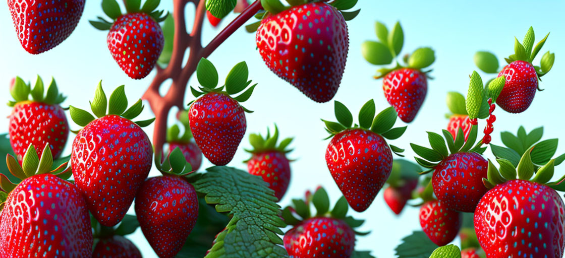 Fresh strawberries on plant with green leaves under blue sky