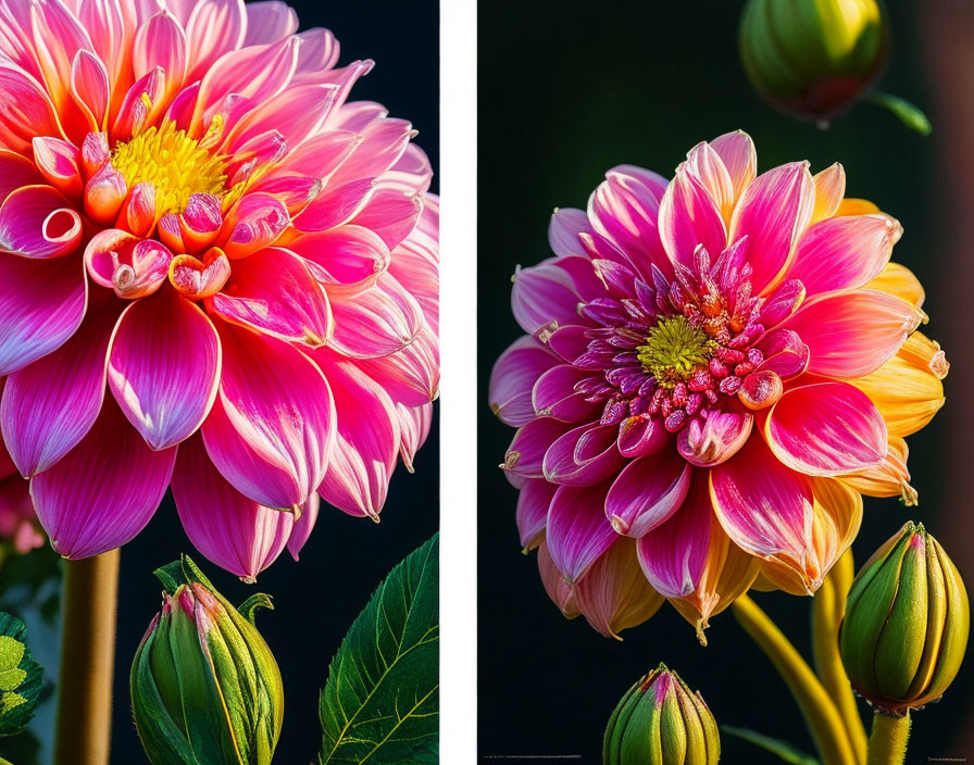 Close-Up Images of Vibrant Pink and White Dahlias on Dark Background