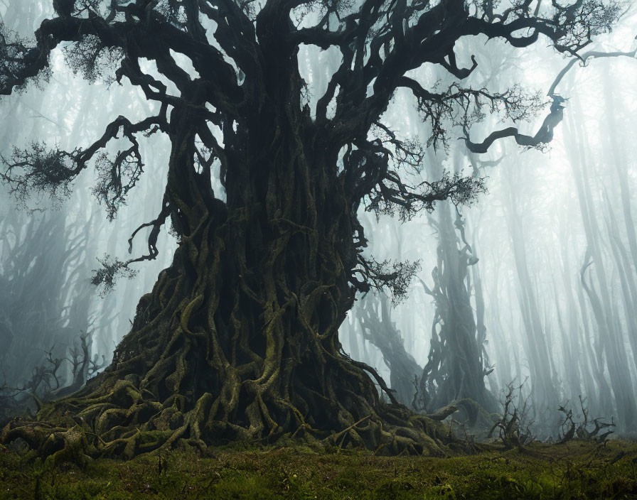 Ancient tree with sprawling roots in misty forest