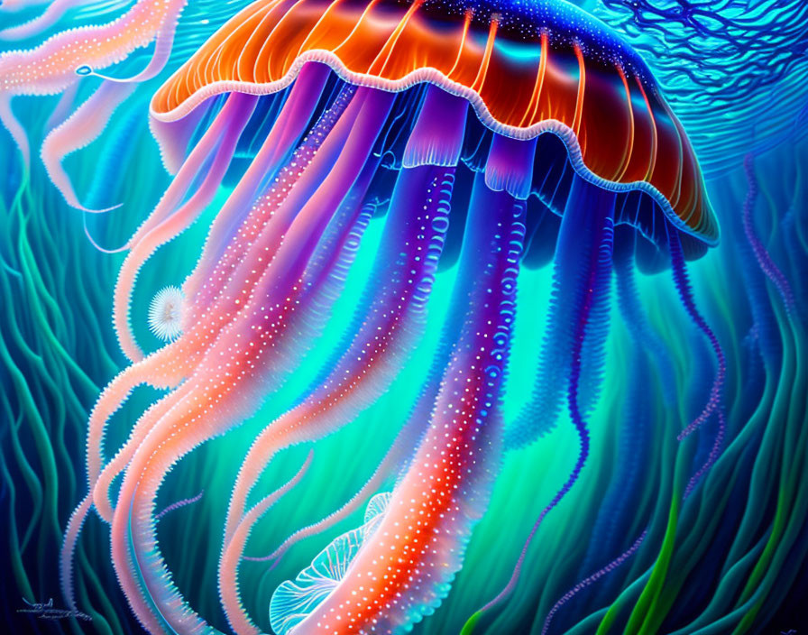 Colorful digital artwork: Glowing jellyfish on neon seabed