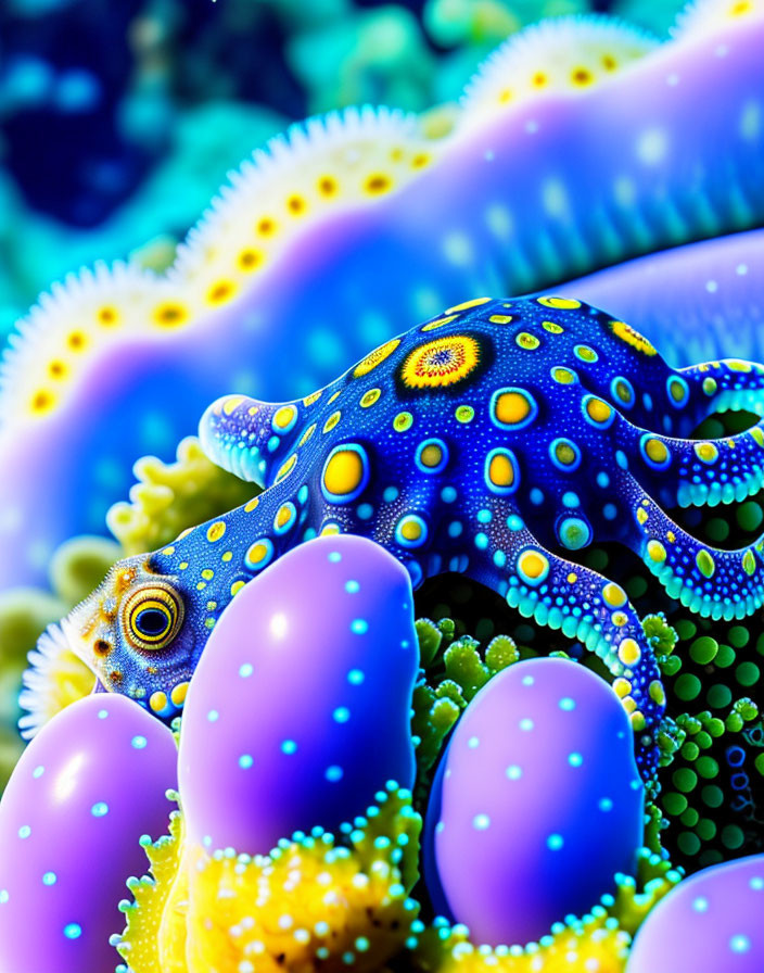 Colorful Blue-Ringed Octopus Among Vibrant Coral Textures