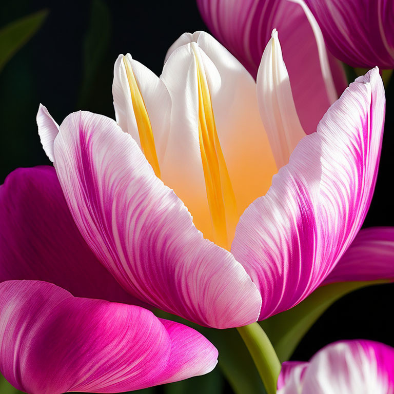 Pink and White Tulip Close-Up on Dark Background