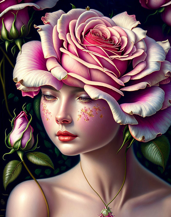 Digital artwork of woman with floral elements: rose head, petal hair, smaller roses.