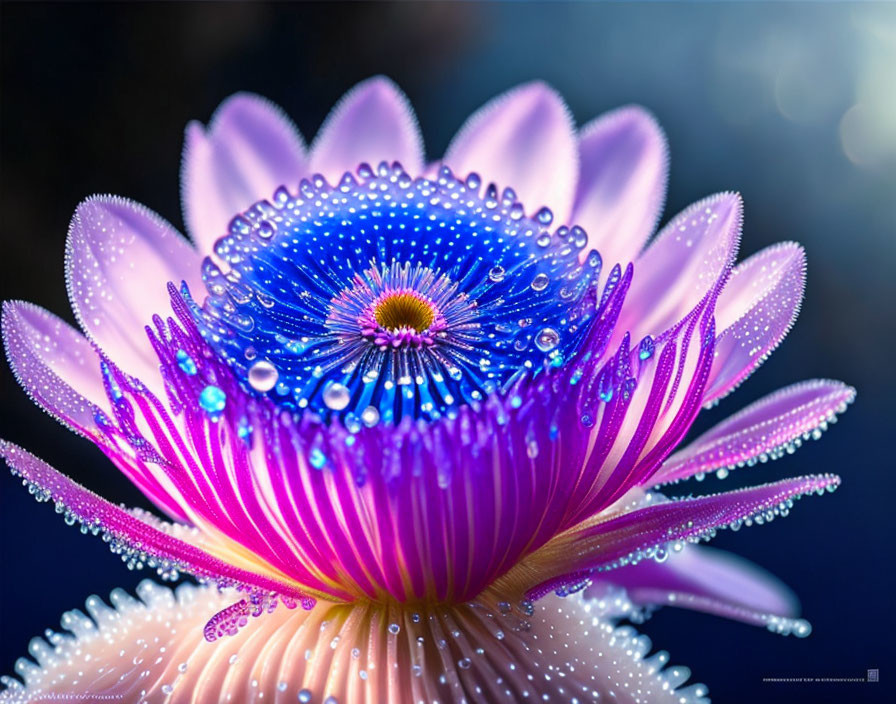 Close-up Dewy Pink-Purple Flower on Softly Blurred Blue Background