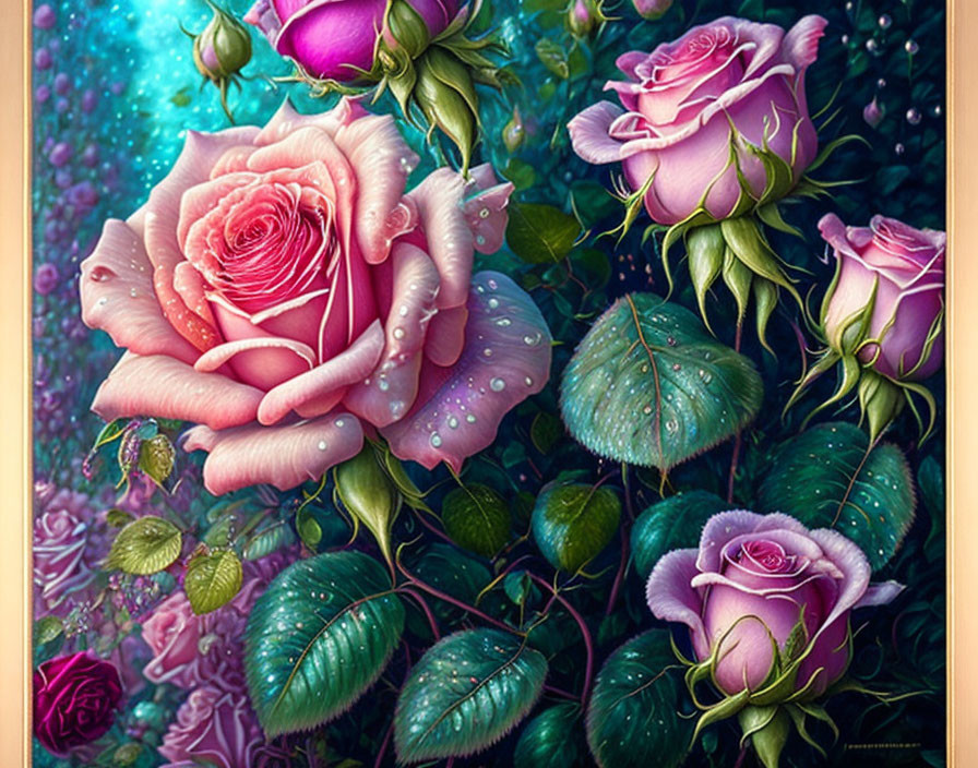 Colorful artwork: oversized pink and purple roses with dewdrops in a lush garden setting