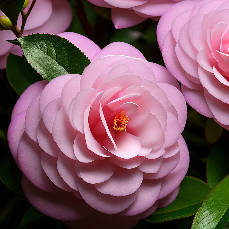 Pink Camellia Flower in Full Bloom with Layered Petals and Yellow Stamen