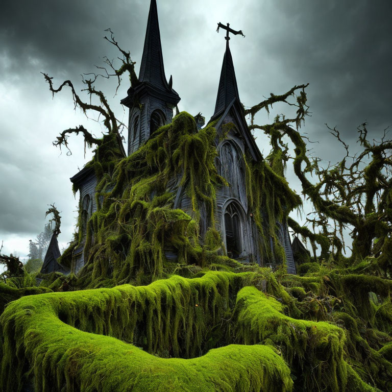 Gothic church surrounded by moss and trees under stormy sky