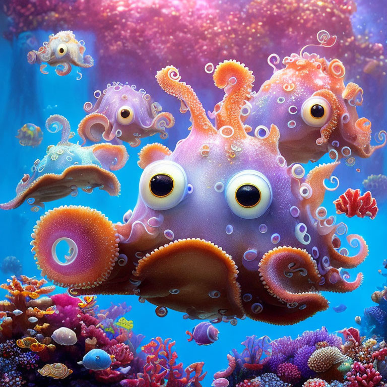 Colorful Cartoonish Octopuses Among Vibrant Coral Reefs