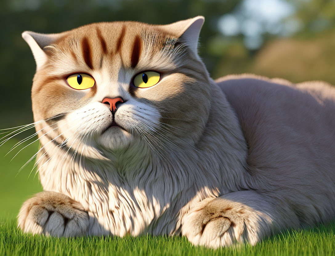 Detailed Digital Rendering of Lying Brown and White Cat with Yellow Eyes