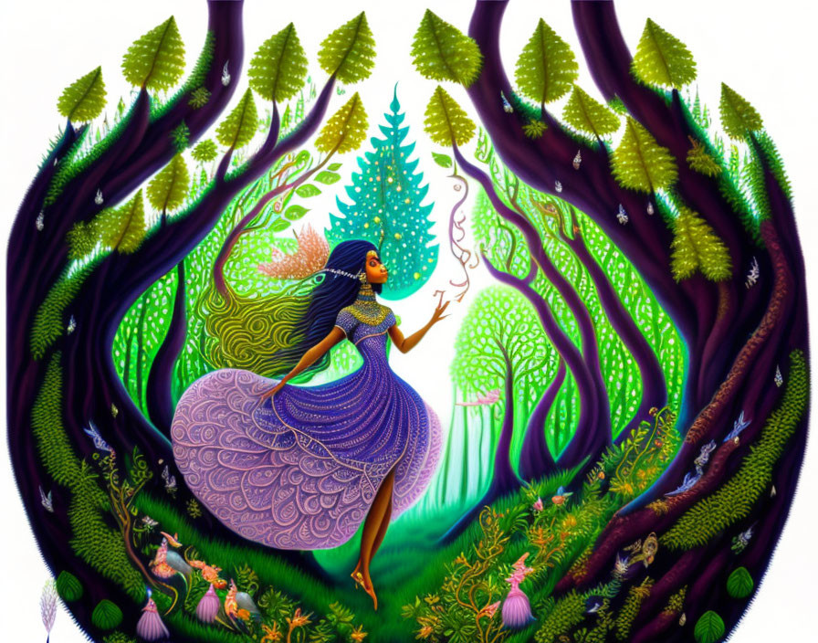 Illustration of woman in purple dress in enchanted forest with glowing tree