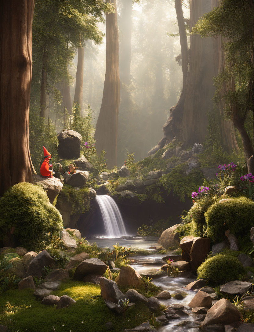 Red animated figure by serene forest waterfall