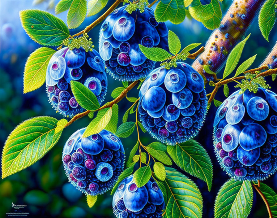 Ripe blueberries cluster on vibrant green bush.