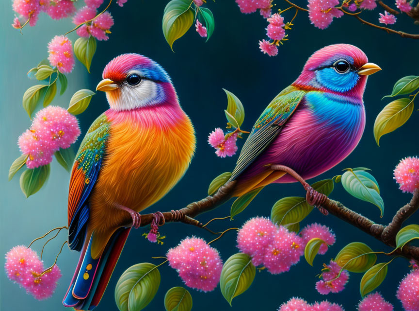 Colorful Birds Perched on Branch with Pink Flowers on Teal Background