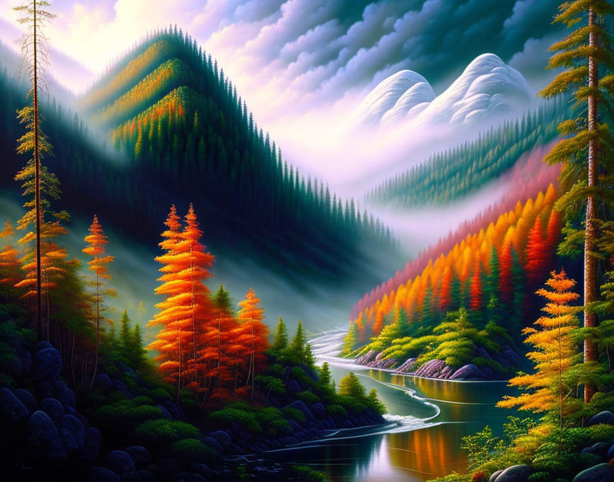 Colorful landscape painting: misty mountains, river, evergreen trees, orange foliage, dramatic sky