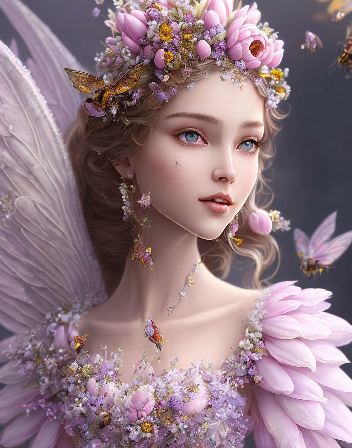 Digital artwork: Female with angelic wings, flower crown, butterflies.