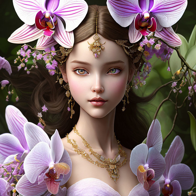 Digital artwork: Female figure with delicate features, orchids, jewels, and floral headdress on green