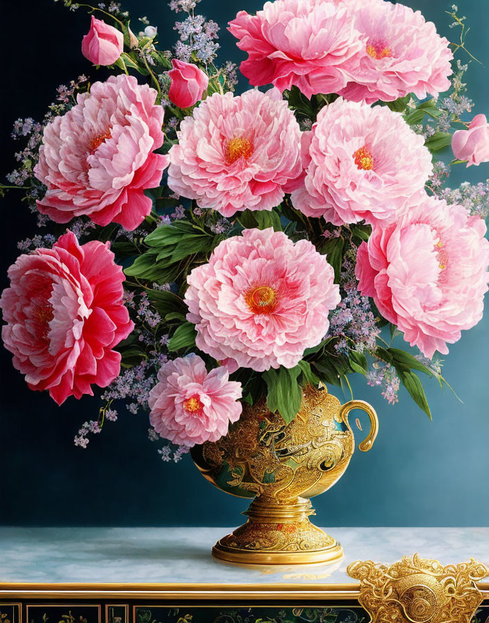 Colorful Peonies and Purple Flowers in Golden Vase on Green-Blue Background