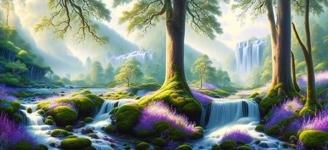 Tranquil woodland landscape with waterfalls, greenery, flowers, and streams