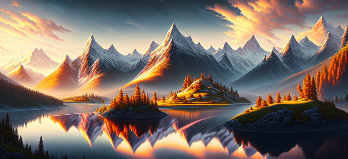 Snow-capped mountain peaks, reflective lake, sunset-colored island - serene landscape with dramatic sky