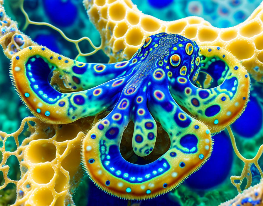 Colorful Octopus Among Textured Coral in Blue and Yellow Pattern