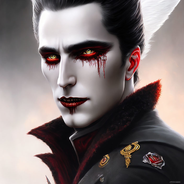 Dark vampire illustration with red eyes, pale skin, black hair, and military-style outfit.