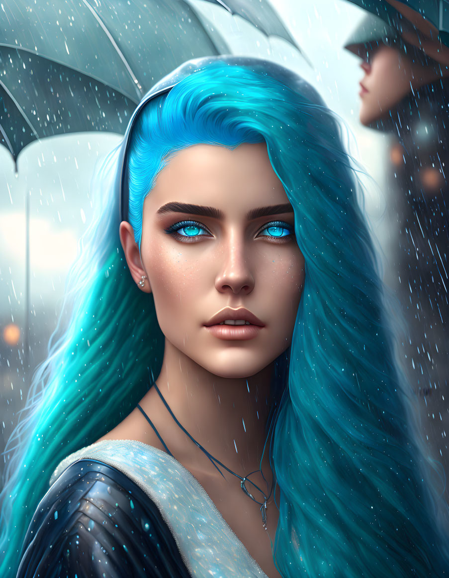 Vibrant Blue Hair Woman in Rain with Umbrella