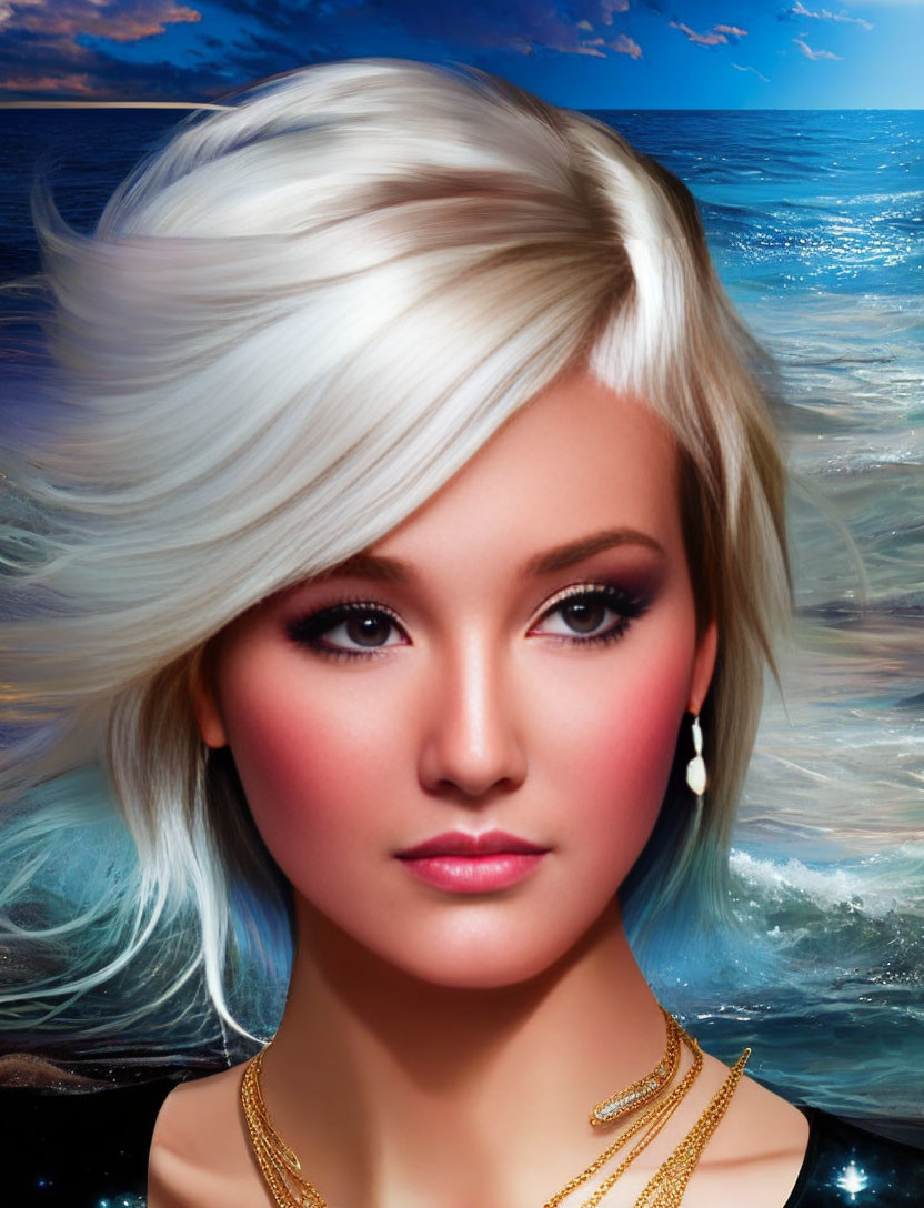 Woman with flowing white hair and striking makeup in oceanic night sky artwork