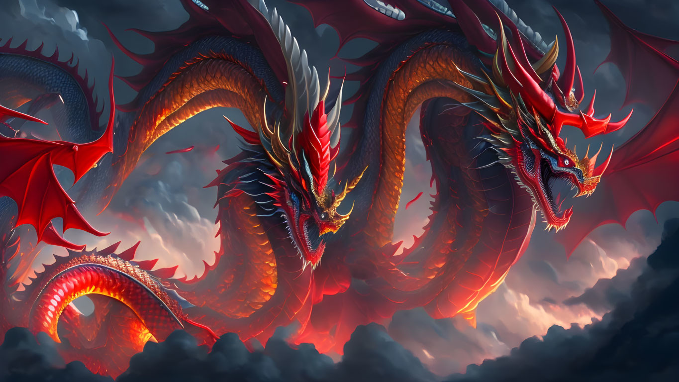 Majestic red dragons in flight amidst dark clouds